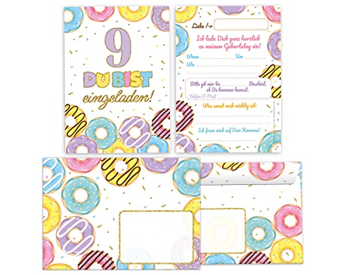 Minkocards 8 Einladungskarten incl. 8 Umschläge zum neunten Kindergeburtstag 9. Geburtstag Mädchen Donuts bunte Einladungen zum Geburtstag Kinder Einladungsset Minkocards 8 Einladungskarten incl. 8 Umschläge zum neunten Kindergeburtstag 9. Geburtstag Mädchen Donuts bunte Einladungen zum Geburtstag Kinder Einladungsset von Minkocards