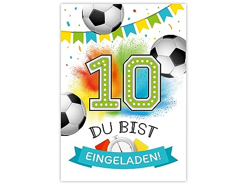 Minkocards 8 Einladungskarten zum 10. Kindergeburtstag Junge Fußball Fussball Jungsgeburtstag Einladung zum zehnten Geburtstag Kinder bunte Geburtstagseinladungen von Minkocards
