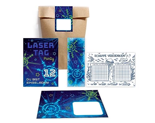Minkocards 8 Einladungskarten zum 12. Kindergeburtstag Lasertag Laser Tag Mädchen Jungen zwölfte Geburtstag incl. 8 Umschläge, 8 Partytüten/natur, 8 Aufkleber, 8 Lesezeichen, 8 Schiffe versenken Minkocards 8 Einladungskarten zum 12. Kindergeburtstag Lasertag Laser Tag Mädchen Jungen zwölfte Geburtstag incl. 8 Umschläge, 8 Partytüten/natur, 8 Aufkleber, 8 Lesezeichen, 8 Schiffe versenken von Minkocards