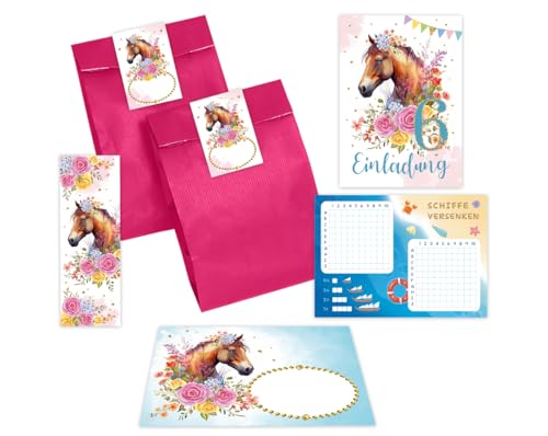 Minkocards 8 Einladungskarten zum 6. Kindergeburtstag Mädchen Pferd Einladung sechste Geburtstag incl. 8 Umschläge, 8 Partytüten/rosa, 8 Aufkleber, 8 Lesezeichen, 8 Schiffe versenken von Minkocards
