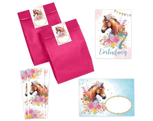 Minkocards 8 Einladungskarten zum 7. Kindergeburtstag Mädchen Pferd Einladung siebte Geburtstag incl. 8 Umschläge, 8 Partytüten/rosa, 8 Aufkleber, 8 Lesezeichen Einladungsset von Minkocards