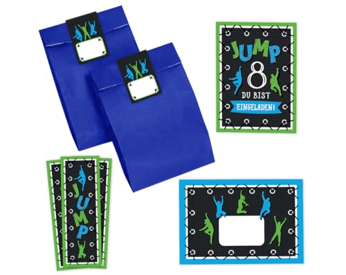 Minkocards 8 Einladungskarten zum 8. Kindergeburtstag Junge Mädchen Jump Trampolin Einladungen achte Geburtstag incl. 8 Umschläge, 8 Partytüten/blau, 8 Aufkleber, 8 Lesezeichen Minkocards 8 Einladungskarten zum 8. Kindergeburtstag Junge Mädchen Jump Trampolin Einladungen achte Geburtstag incl. 8 Umschläge, 8 Partytüten/blau, 8 Aufkleber, 8 Lesezeichen von Minkocards