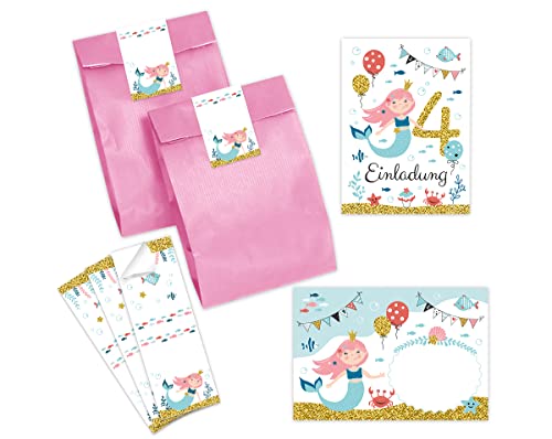 Minkocards 8 Einladungskarten zum vierten Kindergeburtstag 4. Geburtstag Mädchen Meerjungfrau incl. 8 Umschläge, 8 Partytüten/rosa, 8 Aufkleber Einladungsset von Minkocards