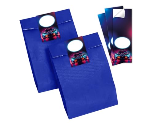 Minkocards 8 Geschenktüten (blau) + 8 Aufkleber Rennwagen Auto Geschenktüten für Mitgebsel Gastgeschenk einpacken beim Kindergeburtstag Jungensgeburtstag von Minkocards