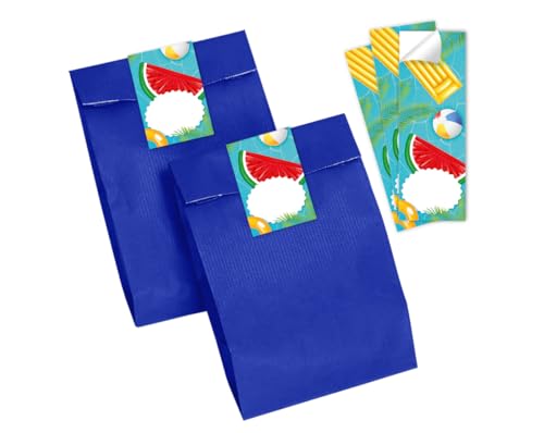 Minkocards 8 Geschenktüten (blau) + 8 Aufkleber Schwimmbad Pool-Party Geschenktüten für Mitgebsel Mädchen Jungen Gastgeschenk einpacken beim Kindergeburtstag Mädchengeburtstag Jungengeburtstag von Minkocards