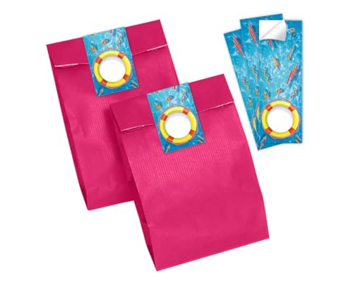 Minkocards 8 Geschenktüten (pink) + 8 Aufkleber Pool-Party Schwimmbad Geschenktüten für Mitgebsel Mädchen Jungen Gastgeschenk einpacken beim Kindergeburtstag Mädchengeburtstag Jungengeburtstag von Minkocards