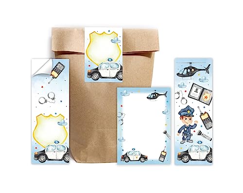 Minkocards 8 Lesezeichen + 8 Notizblöcke + 8 Geschenktüten (Natur) + 8 Aufkleber Polizei Detektiv Mitgebselset Gastgeschenke für Kindergeburtstag Jungsgeburtstag von Minkocards