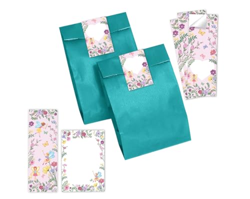 Minkocards Mitgebsel Kindergeburtstag 8 Lesezeichen + 8 Notizblöcke + 8 Geschenktüten (Petrol) + 8 Aufkleber Feen Prinzessin Gastgeschenke für Mädchengeburtstag von Minkocards
