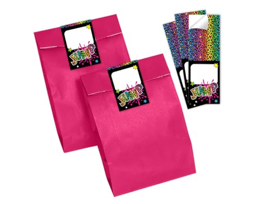 Minkocards Mitgebsel Kindergeburtstag Mädchen 12 Geschenktüten (pink) + 12 Aufkleber Trampolin Jump Geschenktüten für Gastgeschenk einpacken beim Mädchengeburtstag von Minkocards