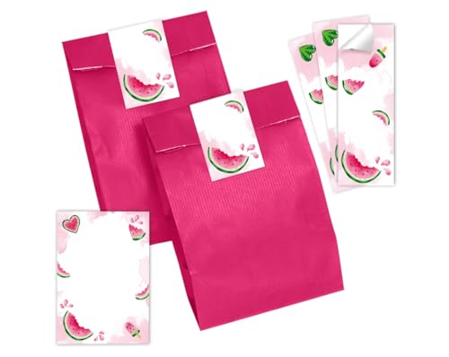 Mitgebsel Kindergeburtstag 10 Mini-Notizblöcke + 10 Geschenktüten (pink) + 10 Aufkleber Wassermelone Gastgeschenke für Mädchengeburtstag von Minkocards