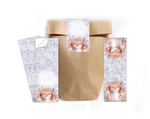 Mitgebsel Kindergeburtstag 12 Lesezeichen + 12 Geschenktüten (natur) + 12 Aufkleber Katze Gastgeschenke für Jungsgeburtstag Mädchengeburtstag von Minkocards