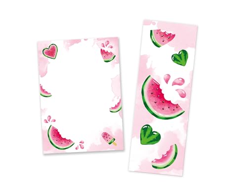 Mitgebsel Kindergeburtstag 12 Lesezeichen + 12 Mini-Notizblöcke (A7-Format) Wassermelone Gastgeschenke für Kinder Mädchengeburtstag von Minkocards