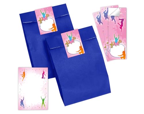 Mitgebsel Kindergeburtstag Mädchen 10 Mini-Notizblöcke + 10 Geschenktüten (blau) + 10 Aufkleber Jump Trampolin Gastgeschenke für Mädchengeburtstag von Minkocards