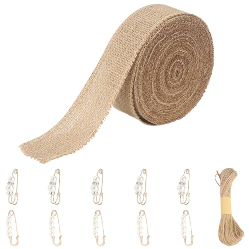 Minnhua 12m Juteband 8cm Breit Burlap Vintage Geschenkband Jute Juteband Natur mit 20m*15mm Hanfseil +10pcs Perlen Zubehör Dekoband Sackleinen Band für Hochzeitdeko Geschenkverpackung Basteln von Minnhua