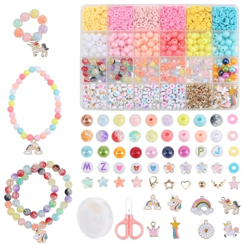 Minnhua 1337 Stück 24 Stile Perlenset für Armbänder, Bastelset Armbänder Perlen mit 2 Garnspulen und 1 Schere, Ketten Selber Machen Set, Perlen zum Auffädeln für Mädchen Kinder (Farbig) von Minnhua