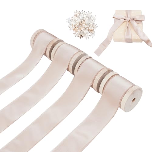 Manhua 4 Stück Schleifenband mit 30 Zubehör, 4,5 cm X 4,5 m Geschenkband Stoff mit Holzrolle, Seidenband, Filzband Dekoband für Deko Geschenke, Eukalyptus, Hochzeiten, Weihnachten (Champagner) von Minnhua