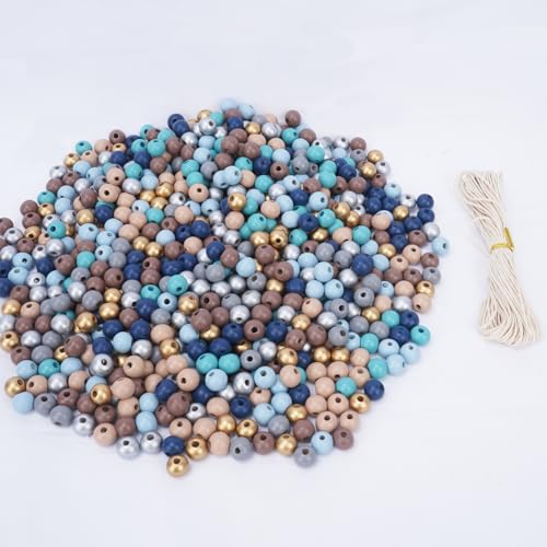 Minnhua 700 Stück Holzperlen Natur, Holzkugeln mit Loch mit 10m Kabel, 10 mm Perlen zum Auffädeln, Bastelperlen zum Auffädeln für Schmuck Basteln Dekorationen (Mehrfarbig) von Minnhua