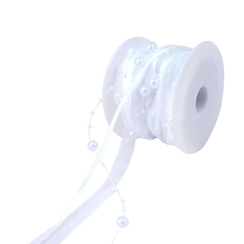 Minnhua Perlenband 14m Geschenkband Perlengirlande Chiffon Band Dekoband Schmuckband Organzaband Trendyband Schönes Band Satinband für Hochzeit Dekoration Brautstrauß Geschenk Verpacken Weiß von Minnhua