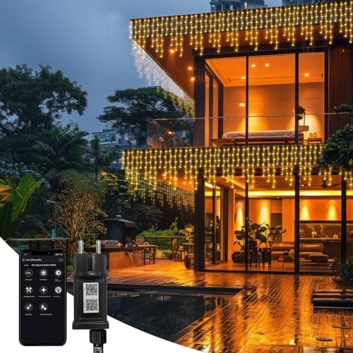 Eisregen Lichterkette mit App Steuerung,15m 600er LED Lichterkettenvorhang mit musikalischem Rhythmus, IP44 wasserdicht 8 Modi für Schlafzimmer Hochzeit Weihnachten Party Halloween Garten Deko von Minxawy