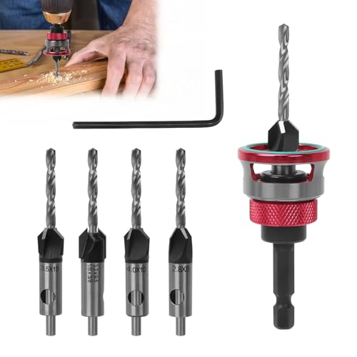 Miosugo Kegelsenker Bohrer Set, Senker Bohrer Set, Bohrsenker mit Tiefenanschlag, 1/4" Hex Schaft, präzise Bohrungen, für Holzverarbeitung (Rot) von Miosugo