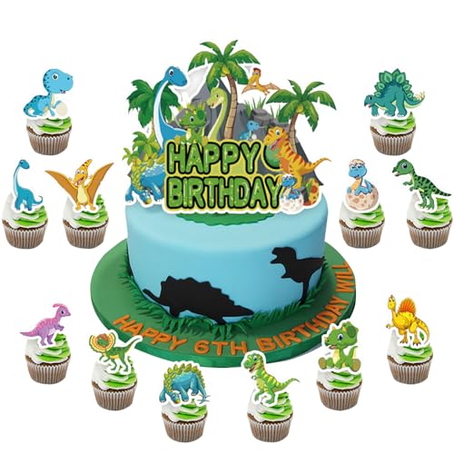 Miotlsy Dinosaurier Tortendeko 13 Stück Geburtstag Dinosaurier Cupcake Topper Set Happy Birthday Cake Topper für Dinosaurier Geburtstag Deko für Kinder Mädchen von Miotlsy