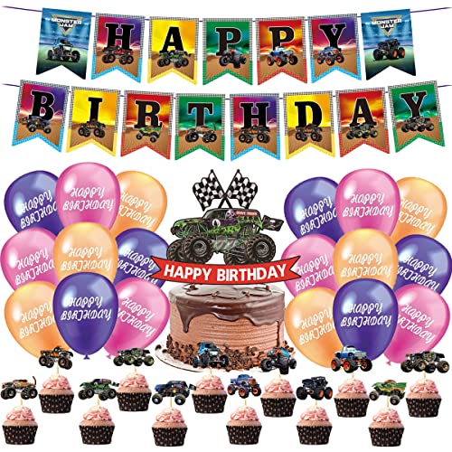 Partyzubehör Set Boy Monster Truck Geburtstagsparty-Dekoration Kinder Happy Birthday Deko Set Banner Cupcake-Dekoration Luftballon für Jungen Kindergeburtstag Deko Babyparty von Miotlsy