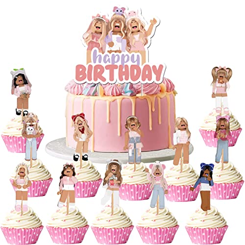 Roblox Pink Party,Mädchen Kuchen Deckel,Toothpick Flags for Cake Decorations,Cake Dessert Toppers Birthday Party Supplies for Roblox Party Theme von Miotlsy