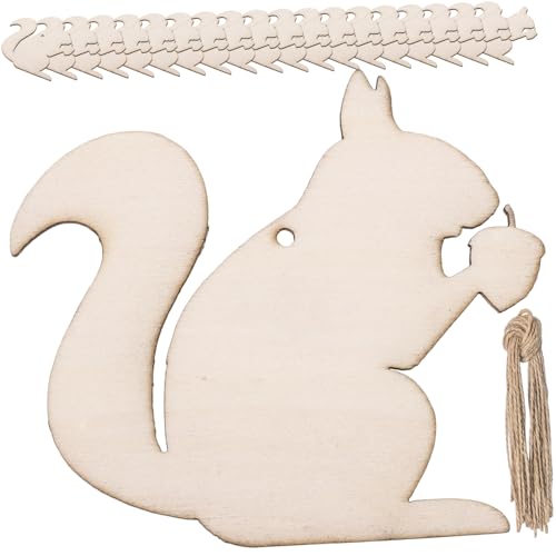 Mipcase 20 Stück Teiliges Eichhörnchen Holzausschnitte aus Unbehandeltem Holz mit Aufhängeschnur DIY Bastel Holzfiguren für Herbstdeko Bemalbare Leere Holzscheiben zum Aufhängen und von Mipcase