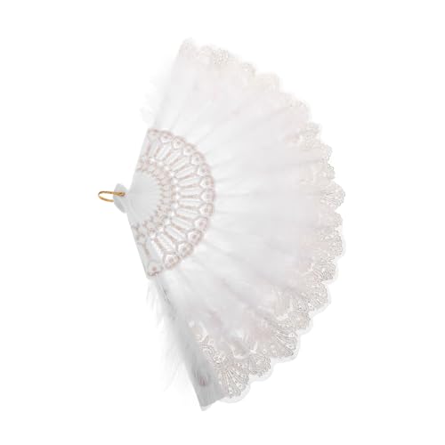 Mipcase Faltbarer Federfächer Damen Handfächer Weiß mit Spitze Eleganter Vintage Fächer für Hochzeit Ball Abendparty Kostüm Dekoration von Mipcase