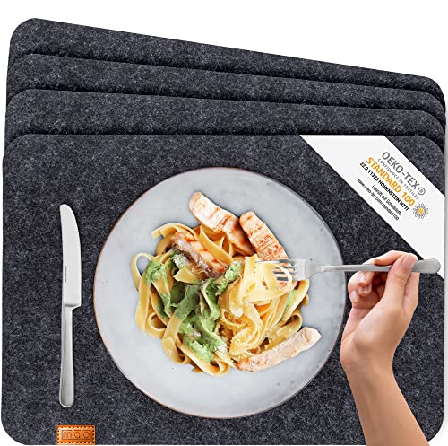 Miqio® - Design Tischset aus Filz | Marken Label aus echtem Leder | 4er Set Platzset (dunkel grau anthrazit) abwaschbar | Filzmatte Tisch Untersetzer Platzdeckchen abwischbar von Miqio