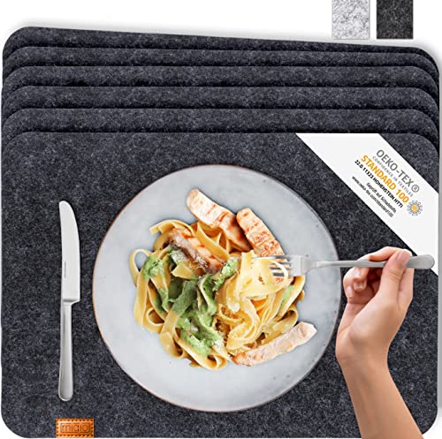 Miqio® - Design Tischset aus Filz | Marken Label aus echtem Leder | 6er Set Platzset (dunkel grau anthrazit) abwaschbar | Filzmatte Tisch Untersetzer Platzdeckchen abwischbar von Miqio