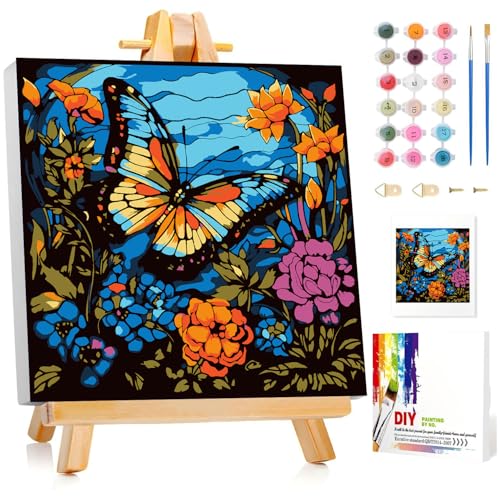 Miquans Art Malen Nach Zahlen-Schmetterling Paint by Numbers,Malen Nach Zahlen Erwachsene,with Frame and Easel,Blume Malen Nach Zahlen Set für Home Haus Deko (20x20cm) von Miquans Art