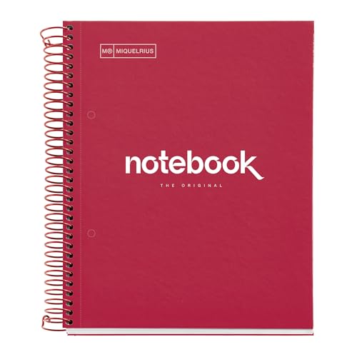 Miquelrius - Notizbuch A5 Notebook Emotions, 120 Blatt 90 g/m², Streifen Horizontale 7 mm, 5 Farbige Streifen, Mikroperforierte Spirale, Extra fester Einband, 2 Löcher, Farbe Rot von Miquelrius