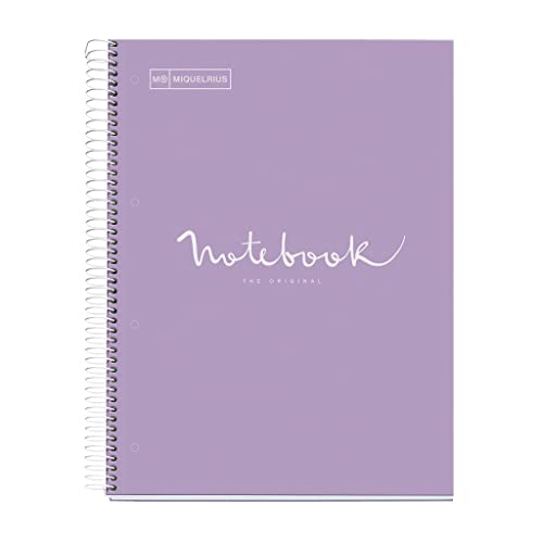Miquelrius - Notizbuch A4 Notebook Emotions, 120 Blatt 90 g/m², Raster 5 x 5 mm, 5 Farbige Streifen, Mikroperforierte Spirale, Extra fester Einband, 4 Löcher, Farbe Lavendel von Miquelrius