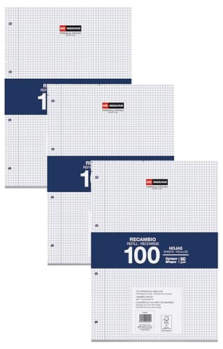 Miquel Rius Miquelrius Nachfüllpackung, 100 Blatt, kariert 4 mm und Rand. A4-Format, 4 Löcher, Papier 90 g., Weiß (Packung mit 3) von Miquelrius