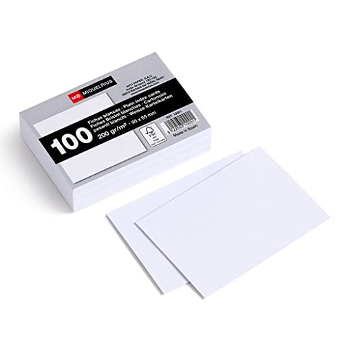 Miquelrius - Karteikarten, 100 glatte Notizkarten, Lernkarten, Größe 65 x 95 mm, 200 g/m² Offset-Kartenpapier, von Miquelrius