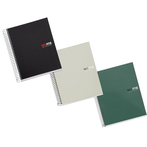 Miquelrius 3er-Pack Notizbücher, A5, 200 Blatt, 70 g/m², kariert, 5 x 5 mm, 8 farbige Streifen, Spiralbindung, blickdichter Einband aus Polypropylen, 2 Locher, schwarz-grau-Kaki von Miquelrius