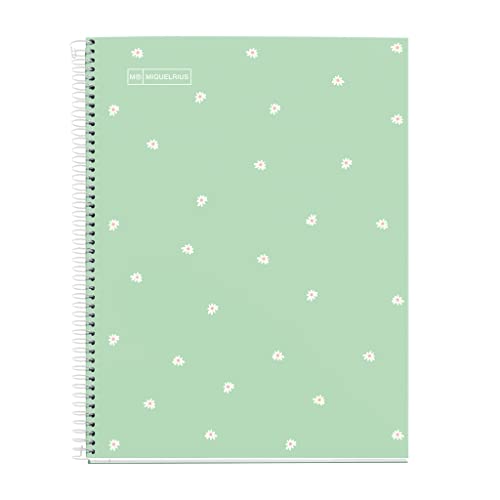 Novilla Miquelrius – A4-Notizbuch, 1 Farbstreifen, 80 Blatt 7 mm horizontal liniert, 90 g/m² Papier, 4 Löcher, Hartlaminierter Einband, Farbe Mint Daisy von Miquelrius