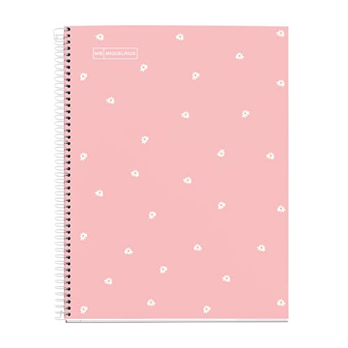 Miquelrius – A4-Notizbuch, 1 Farbstreifen, 80 Blatt 7 mm horizontal liniert, 90 g/m² Papier, 4 Löcher, hartlaminierter Einband, Farbe Pink Daisy von Miquelrius