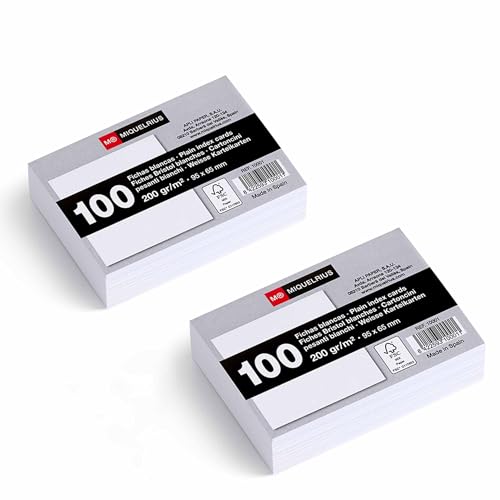 Miquelrius Karteikarten, 200 g/m², Lernkarten und Vorbereitungskarten für Oppositionen, Packung mit 200 glatten Karteikarten für Notizen, Größe 95 x 65 mm, Flashcards, Schul- und Bürobedarf von Miquelrius