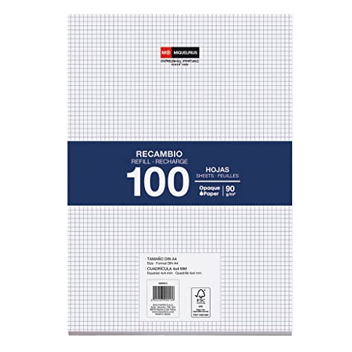 Miquelrius – Nachfüllblock, 100 karierte Blätter 4x4 mm ohne Rand und ohne Lochung, Opakes Papier 90 g/m², A4 Ersatzblätter für Ringordner, Schulbedarf für den Schulanfang Miquelrius – Nachfüllblock, 100 karierte Blätter 4x4 mm ohne Rand und ohne Lochung, Opakes Papier 90 g/m², A4 Ersatzblätter für Ringordner, Schulbedarf für den Schulanfang von Miquelrius