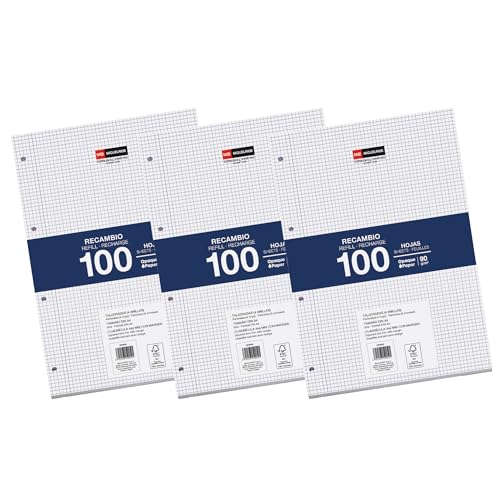 Miquelrius – Nachfüllblock, 300 karierte Blätter 4x4 mm, Undurchsichtiges Papier 90 g/m², A4-Nachfüllblätter gelocht für Ringbücher oder Ordner, Schulmaterial – ideal für den Schulanfang von Miquelrius