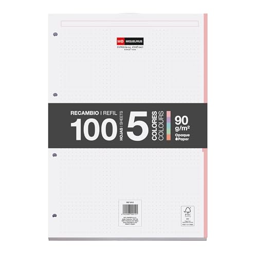 Miquelrius - Nachfüllblock A4 mit gepunkteten Dots-Blättern, 100 Blatt à 90 g/m² in 5 Pastellfarben, Mit Standardlochung für Ringordner, Schulmaterial Miquelrius - Nachfüllblock A4 mit gepunkteten Dots-Blättern, 100 Blatt à 90 g/m² in 5 Pastellfarben, Mit Standardlochung für Ringordner, Schulmaterial von Miquelrius