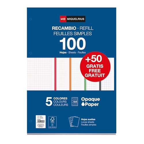 Miquelrius - Nachfüllblock A4 mit karierten Blättern 5x5 mm, 150 Blatt à 90 g/m² in 5 Pastellfarben, Mit Standardlochung für Ringordner, Schulmaterial Miquelrius - Nachfüllblock A4 mit karierten Blättern 5x5 mm, 150 Blatt à 90 g/m² in 5 Pastellfarben, Mit Standardlochung für Ringordner, Schulmaterial von Miquelrius
