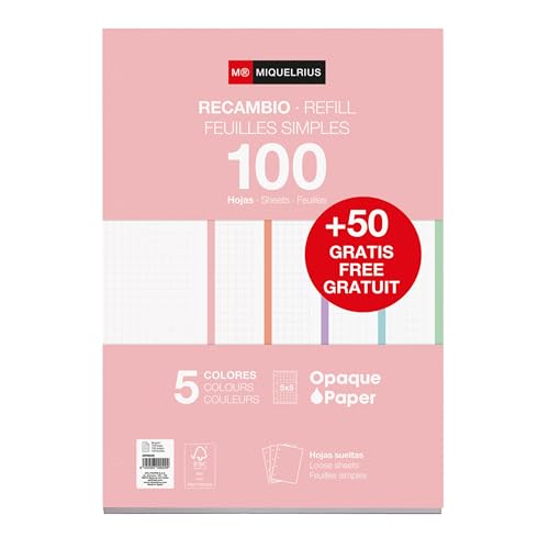 Miquelrius - Nachfüllblock A4 mit karierten Blättern 5x5 mm, 150 Blatt à 90 g/m² in 5 kräftigen Farben, Mit Standardlochung für Ringordner, Schulmaterial Miquelrius - Nachfüllblock A4 mit karierten Blättern 5x5 mm, 150 Blatt à 90 g/m² in 5 kräftigen Farben, Mit Standardlochung für Ringordner, Schulmaterial von Miquelrius