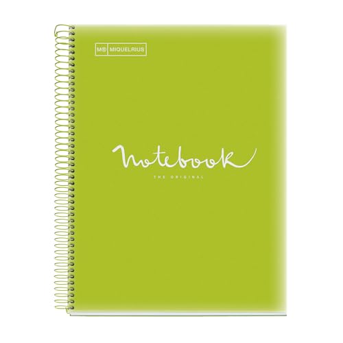 Miquelrius - A4 Notizbuch Emotions, Notebook, 80 Blatt 90 g/m², Séyès-liniert, einfarbig gestreift, mikroperforierte Spirale, Einband aus Polypropylen, 4 Löcher, Farbe Limettengrün von Miquelrius
