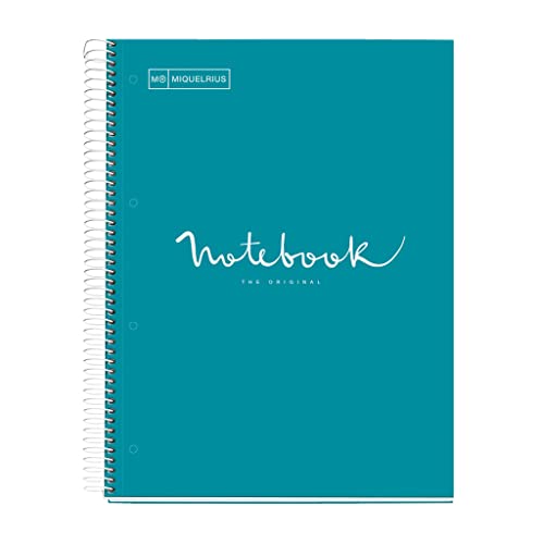 Miquelrius Notizbuch A4, Notebook Emotionen, 80 Blatt, 90 g/m², liniert mit Punkten (Dots), 1 Farbstreifen, mikroperforierter Spiralbindung, extra fester Einband, 4 Löcher, Blau (Formentera Blue) von Miquelrius