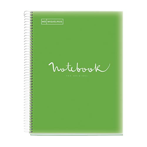 Miquelrius - Notizbuch A4 Notizblock Emotionen, 160 Seiten 90 g/m², Raster 5 x 5 mm, 8 farbige Streifen, Mikroperforierte Spirale, Polypropyleneinband, 4-Loch-Lochung, Raster Notizbuch, Grün von Miquelrius