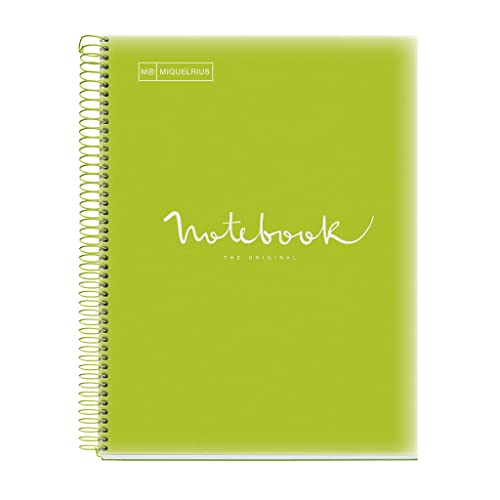 Miquelrius - Notizbuch A4 Notizblock Emotionen, 160 Seiten 90 g/m², Raster 5 x 5 mm, 8 farbige Streifen, Mikroperforierte Spirale, Polypropyleneinband, 4-Loch-Lochung, Raster Notizbuch, Limonengrün von Miquelrius