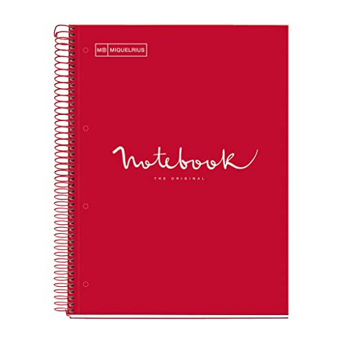 Miquelrius - Notizbuch A4 Notebook Emotions, 120 Blatt 90 g/m², Raster 5 x 5 mm, 5 Farbige Streifen, Mikroperforierte Spirale, Extra fester Einband, 4 Löcher, Farbe Rot von Miquelrius